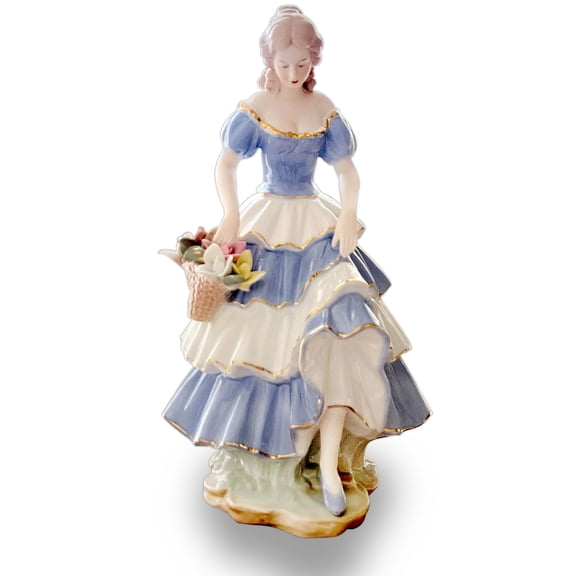Porcelain Basket Flower Girl Figurine. Bouquet statue, ceramic sculpture. 14 inch. For home decor, desktop decoration. Collectible. For home party