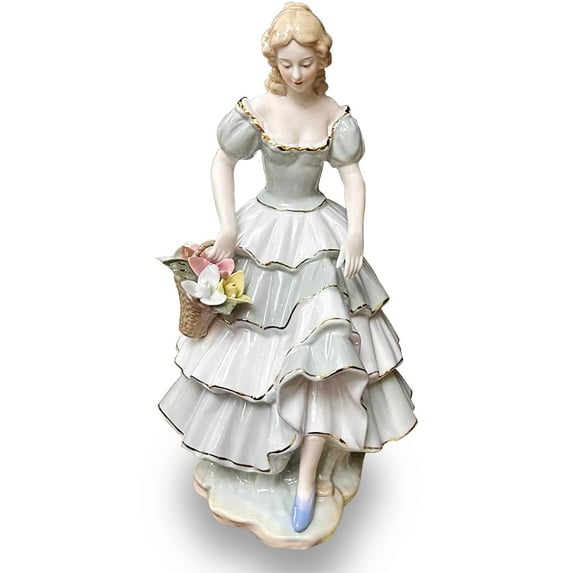 Porcelain Basket Flower Girl Figurine. Bouquet statue, ceramic sculpture. 14 inch. For home decor, desktop decoration. Collectible. For home party