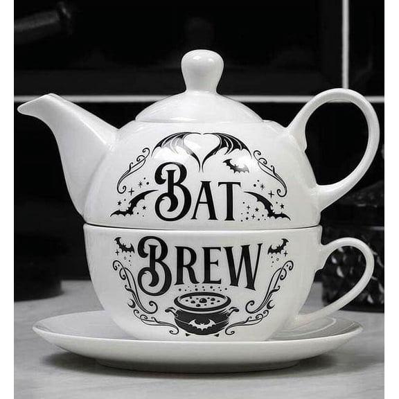 Porcelain Bat Brew Magic Cauldron Stackable Tea Pot And Cup With Saucer Set Of 3