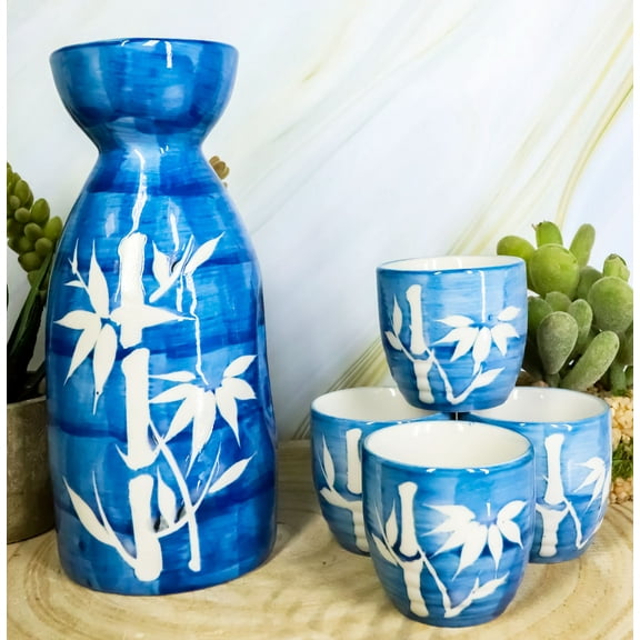 Porcelain Blue Jeans & White Bamboo Japanese Sake Rice Wine Flask And 4 Cups Set