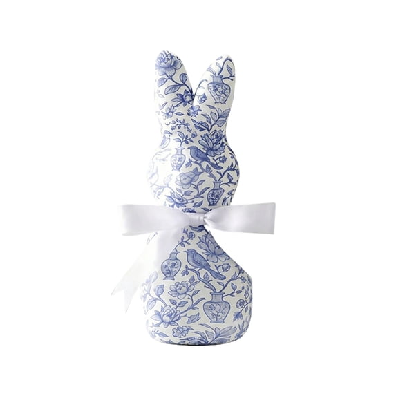 Porcelain Blue and White Chinoiserie Easter Bunny Figurine 7.5 Inch, Fabric Wrapped Rabbit Decoration with Bowtie, Spring Table Centerpiece, Porcelain Style Farmhouse Shelf Mantel Home Decor