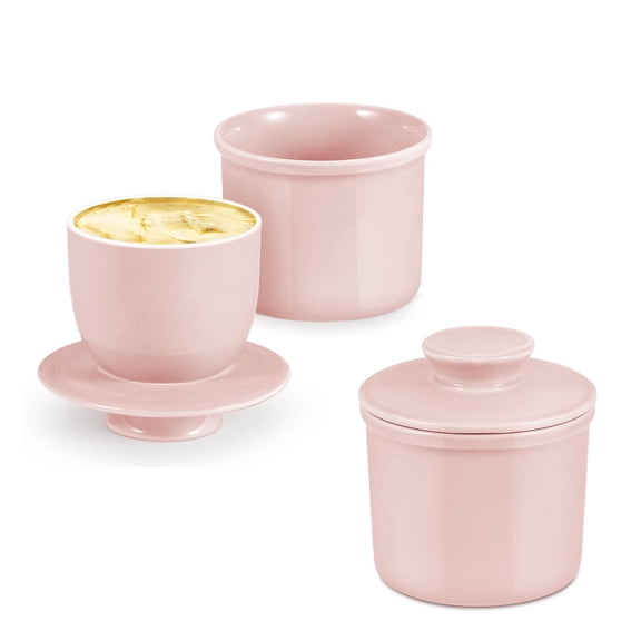 Porcelain Butter Crock Butter Keeper, French Butter Dish with Lid, Tabletop Spreadable Soft and Fresh Water Sealed Butter Holder Cafe Retro Collection Farmhouse Decor 2 Pack (Pink)