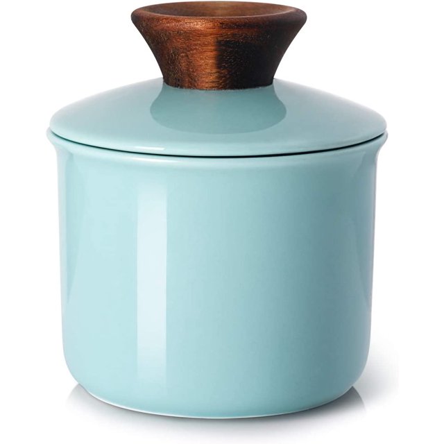 Porcelain Butter Keeper Crock, French Butter Crock with Wood Knob Lid