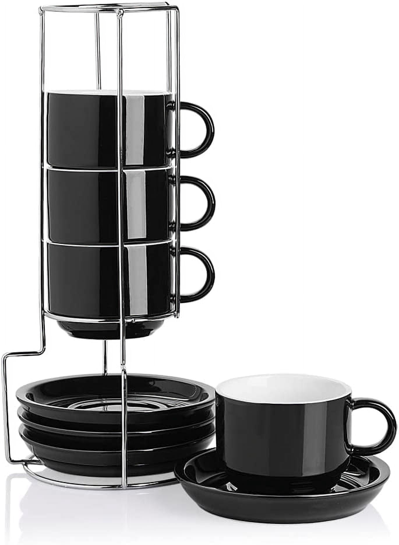 Porcelain Cappuccino Cups with Saucers and Metal Stand, 8 Ounce Stackable Espresso Cups for Specialty Coffee Drinks, Latte, Americano, Tea - Set of 4 (Black)