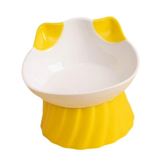 Porcelain Cat Food Bowls, Feeding Skid Water Bowls High Foot Snack Bowl Tilted Raised Cat Dish for Indoor Cats, Small Dogs Kitty Travel Yellow
