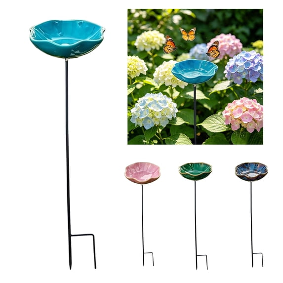 Porcelain Ceramic Flower Garden Stakes with Bird Bath & Bee Pollinator Watering Station Mini Birdbath Decoration Rain Catcher, Hummingbird Feeder Fountain Bowl for Outdoors,Blue