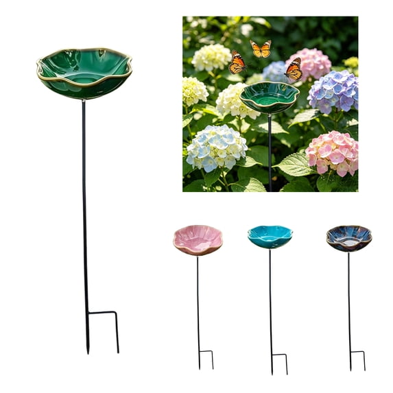 Porcelain Ceramic Flower Garden Stakes with Bird Bath & Bee Pollinator Watering Station Mini Birdbath Decoration Rain Catcher, Hummingbird Feeder Fountain Bowl for Outdoors,Green