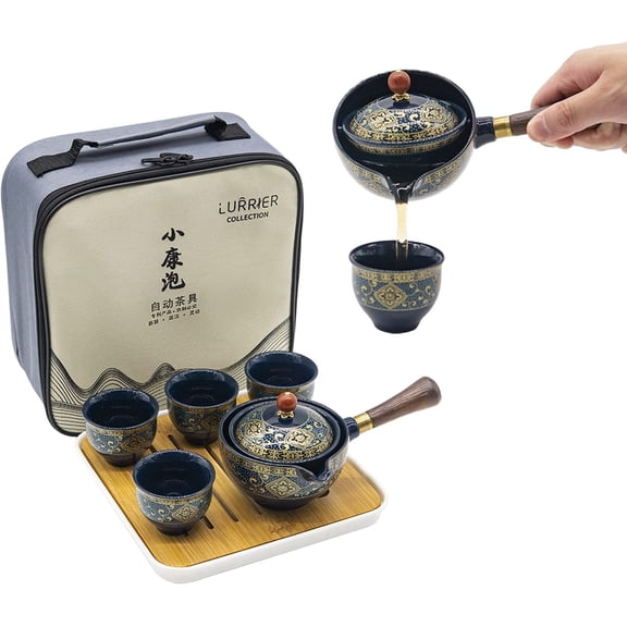 Porcelain Chinese Gongfu Tea Set,Portable Teapot Set with 360 Rotation Tea maker and Infuser,Portable All in One Gift Bag for Travel,Home,Gifting,Outdoor and Office (Floral Blue)