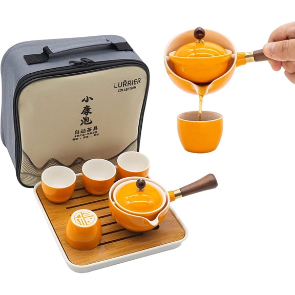 Porcelain Chinese Gongfu Tea Set with 360-Degree Rotating Teapot and Infuser Orange