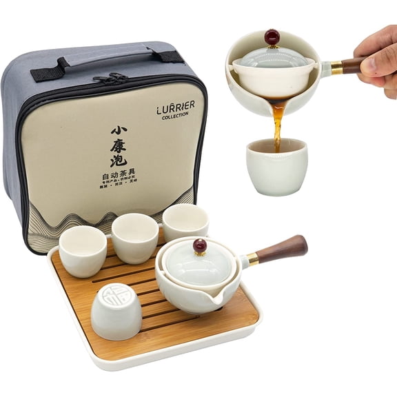 Porcelain Chinese Gongfu Tea Set with 360-Degree Rotating Teapot and Infuser Portable All-in-One Set Cyan Grey
