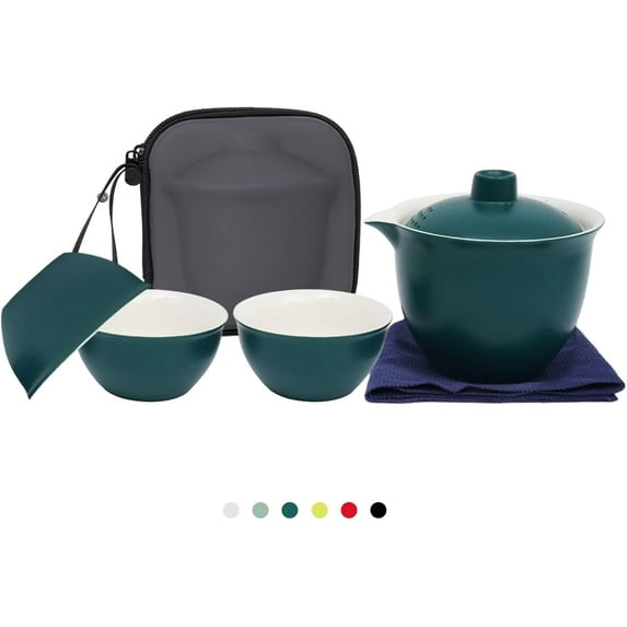 Porcelain Chinese Gongfu Tea Sets for Adults Portable Kungfu Teapot and Cup Set Small Ceramic Tea Party Set Travel Teaset with Lid for Home Gifting Outdoor and Office (Green)