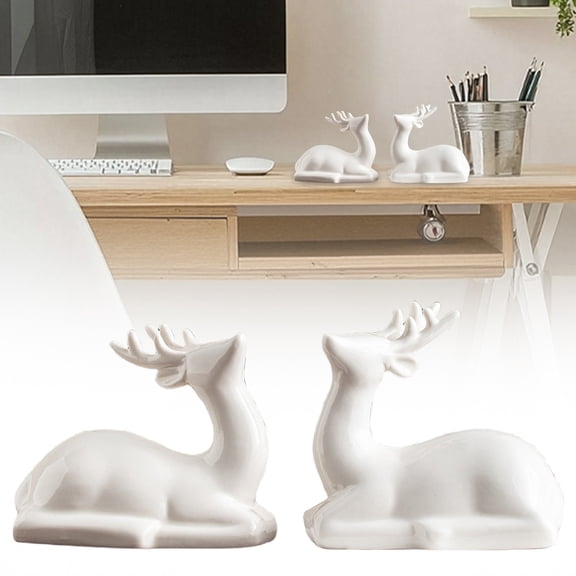 Porcelain Christmas Reindeer Figurines,Pack 2 Mini Animal Sitting Reindeer Decor Deer Statues,Sculpture Tabletop Ornaments for Mantel Shelves Fireplace Home Décor Accents Collectible Figurines