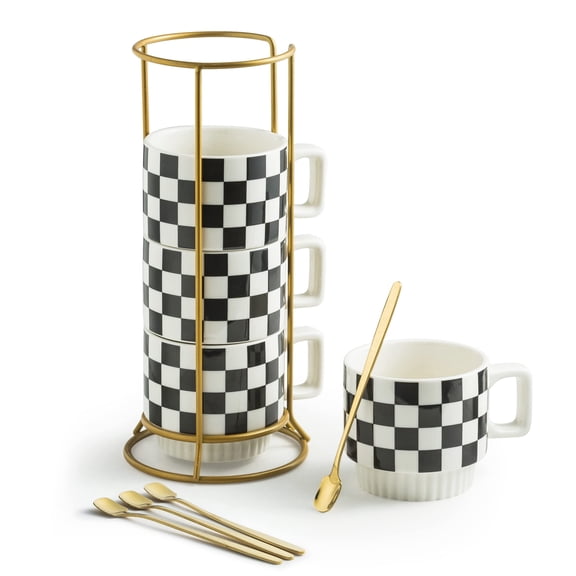 Porcelain Coffee Mug Set with Rack 4 Count 11 Oz Black White Checkered Pattern