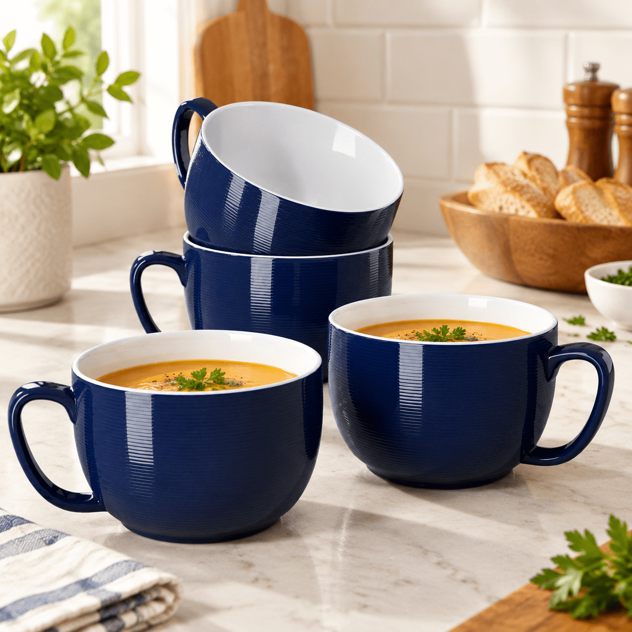 Porcelain Coffee Mugs Set of 4, 24 Oz, Navy Striped Design, Large ...