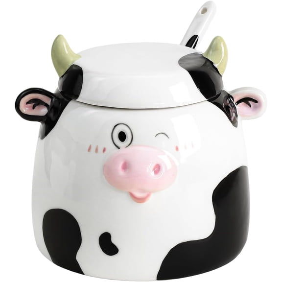 Porcelain Condiment Pot with Lid and Spoon, 15oz Salt Bowl for Kitchen and Dining Room, Cute Cow Shape