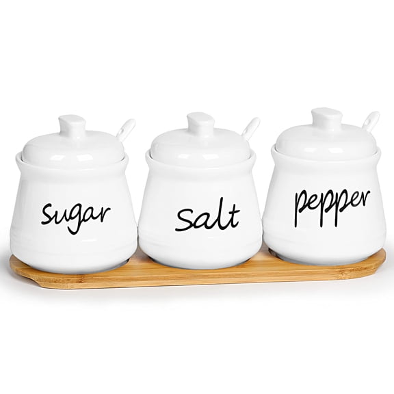 Porcelain Condiment Pots Set of 3 with Tray 12oz White