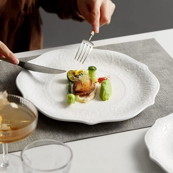 Porcelain Dinner Plate Set of 6, White Embossed Printing Dinnerware for Dinner, Restaurant, Family Party and Kitchen, Microwave and Dishwasher Safe