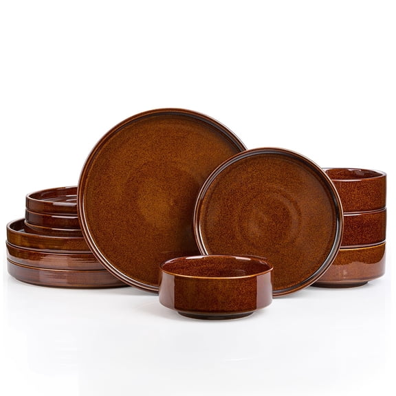 Porcelain Dinnerware Set, 12 Piece Service for 4, Brown Reactive Glaze, Scratch Resistant