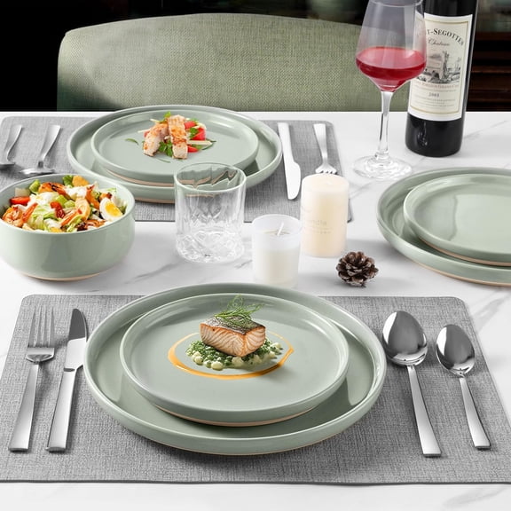 Porcelain Dinnerware Set for 4, 12 PC Stoneware Dinner Plates and Bowls, Ceramic Dining Dishes Set for Dessert Salad Pasta, Microwave & Dishwasher Safe, Fog Green
