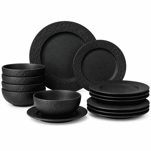 Porcelain Dinnerware Set Black Service for 4-12Pcs, Matte Marble Pattern, For Everyday and Special Gatherings