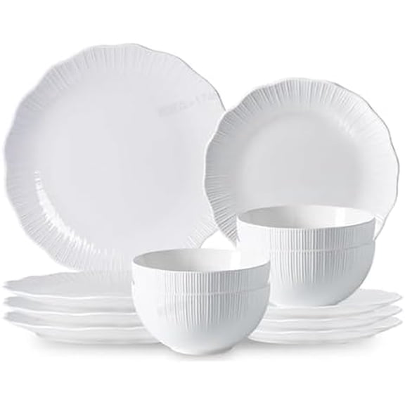 Porcelain Dinnerware Sets for 4, 12 Piece Plates and Bowls Set, Scratch-Resistant, Microwave & Dishwasher Safe Dishes, Kitchen and Dining Dishware$$Home Decor, Kitchen, & Other