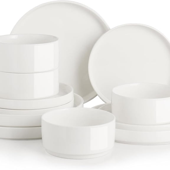 Porcelain Dinnerware Sets for 4, 12 Pieces Ceramic Plates and Bowls Set, Classic Modern Simple Kitchen Dinner Dining Ware Set, Dishwasher and Microwave Dishes Sets(Pure White)
