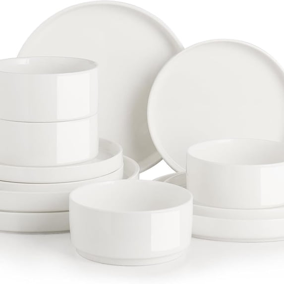 Porcelain Dinnerware Sets for 4, 12 Pieces Ceramic Plates and Bowls Set, Classic Modern Simple Kitchen Dinner Dining Ware Set, Dishwasher and Microwave Dishes Sets(Pure White)