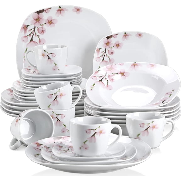 Porcelain Dinnerware for 6, 30-Piece Pink Floral Dish Set With Plates and Bowls Including Dinner, Dessert, Soup, Cups & Saucers