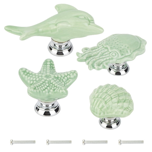 Porcelain Drawer Knobs with Zinc Alloy Finding and Iron Screw for Home Cabinet Cupboard and Dresser Mixed Shapes Sea Green 4sets/bag