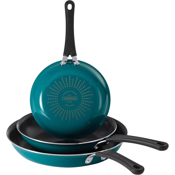 Porcelain Enamel Non Stick 3-Pack Frying Pans, Skillet Set with Reinforced Nonstick Coating, Dishwasher and Oven Safe (Teal)