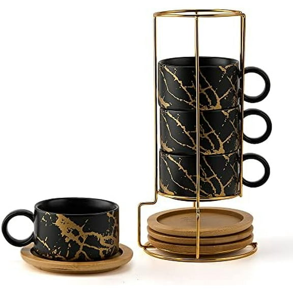 Porcelain Espresso Cup with Metal Stand, 6 Ounce Stackable Ceramic Demitasse Espresso Mugs Cappuccino Cups Set for Latte,Coffee,Cafe Mocha,Tea(Set of 4,Black)