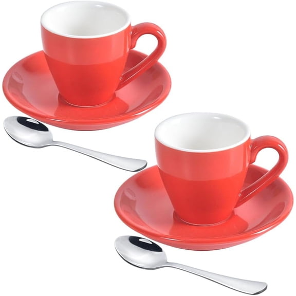 Porcelain Espresso Cup Set with Saucer & Stainless Steel Spoons, 80ml/2.7Oz, 2 Pack