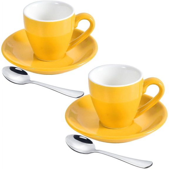 Porcelain Espresso Cup Set with Saucer & Stainless Steel Spoons, 80ml/2.7Oz, 2 Pack