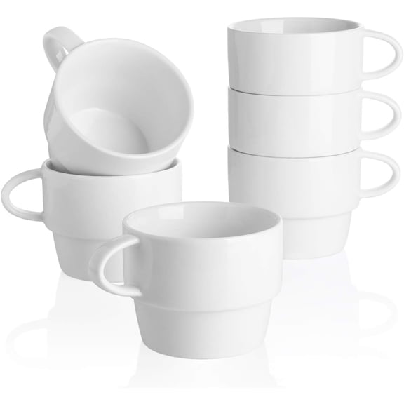 Porcelain Espresso Cups Set of 6 - Stackable 10 Ounce Espresso Coffee Mugs for Cappuccino, Mocha, - Dishwasher Friendly - Ideal for and Cafe, White