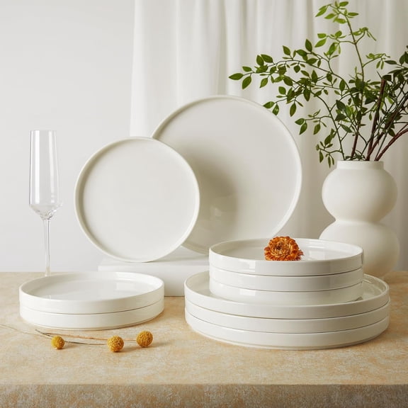 Porcelain Flat Dinner Plates Set of 6, High Edge Dish Set - Dishwasher, Microwave, Oven Safe, Scratch Resistant, Kitchen Serving Dishes - Elegant White Glaze