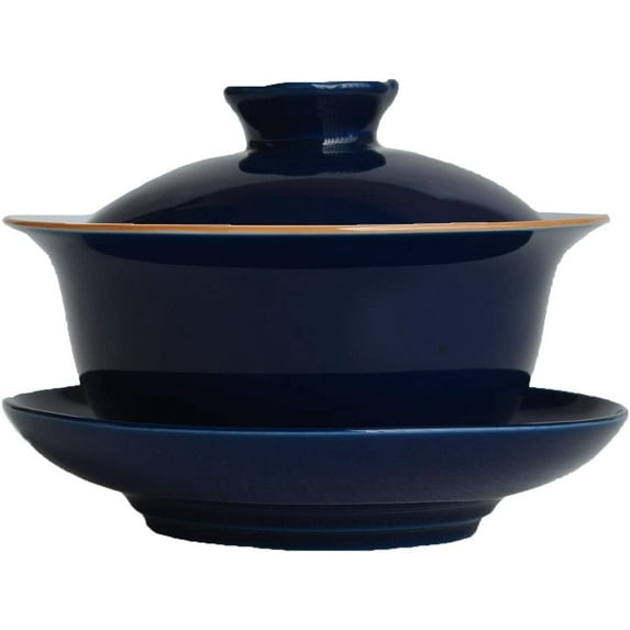Porcelain Gaiwan 6.7oz Teacup White Glazed Tureen Chinese Sancai Cover Bowl Lip Saucer Set (Blue)