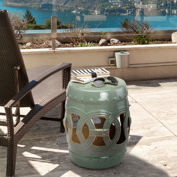 Porcelain Garden Stool with Double-Coin Knot Design for Patio Seating, Decorative End Table, Green, 14x17 Inches