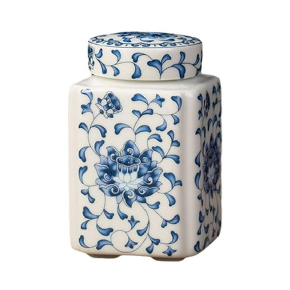 Porcelain Ginger Jar, Blue And White Ceramic Jar With Lid, Delicate Chinese Decorative Square Jar Multi Purpose Storage Jar Vase Flower Vase for Flower Display And Storage in Home Decor
