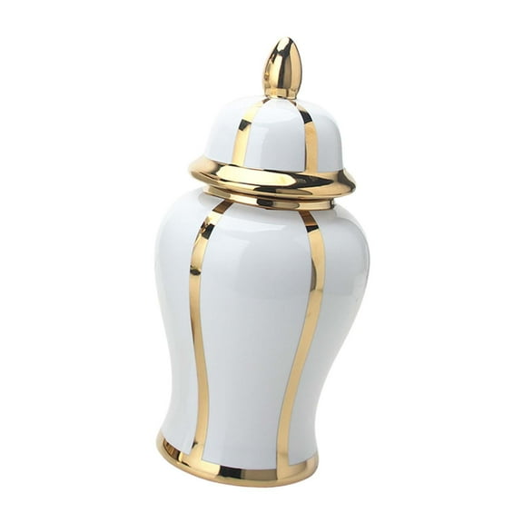 Porcelain Ginger Jar Ceramic Vase Floral Arrangement White and Gold with Lid Storage Jar Temple Jar for Fireplace Live Room Table Decoration 17cmx37cm