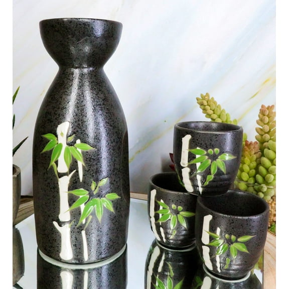 Porcelain Green Bamboo Silhouette Japanese Sake Rice Wine Flask And 4 Cups Set