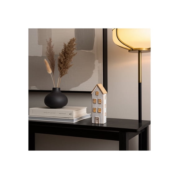 Porcelain House Candle Holder - Handcrafted Ceramic Tealight Lantern - Decorative Farmhouse-Style Accent for Home, Living Room, Bedroom, or Office - 10" Ivory & Beige