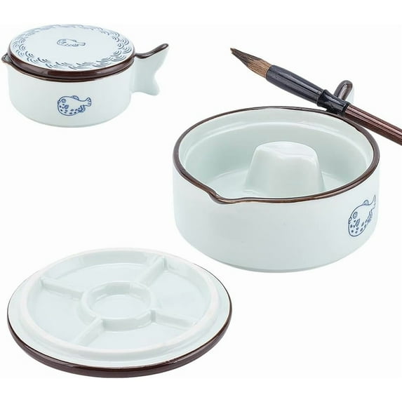 Porcelain Ink Dish Fish Shape Chinese Calligraphy Inkwell Dish Ceramic Ink Plate with Brush Holder Multifunctional Bowl for Calligraphy Chinese Japanese Practice New Year diy