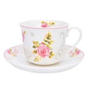 STP GOODS Porcelain Kitchen Teacups 13.5 fl oz 400 ml Floral Tea Cups English Rose Tea Cup with Saucer Pretty Tea Cup with Matching Saucer Christmas Mugs