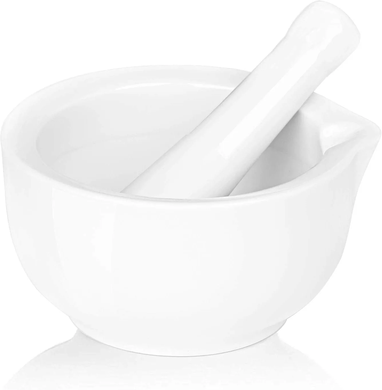 White Ceramic Mortar and Pestle Set with Pour Spout, 4.6-inch