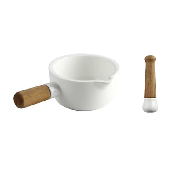 Porcelain Mortar and Pestle, Ceramic Herb Grinder Pill Crusher Set with Spout and Wooden Handles, White, 4.9-inch