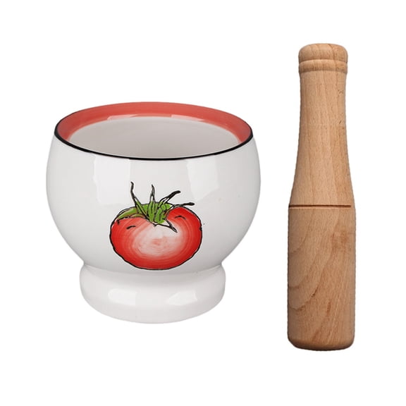 Porcelain Mortar and Pestle Set, Decorated with a Lovely Hand-painted Tomato Pattern White Ceramic Pill Crusher Set, Spice Herb Grinder