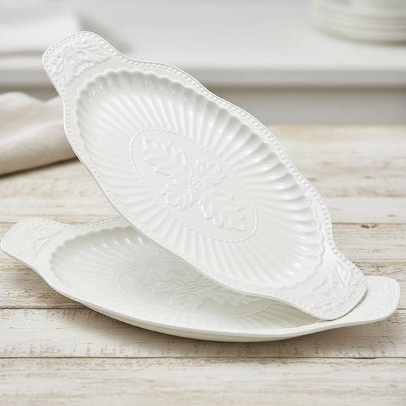 Porcelain Oval Serving Platters, Large Embossed White Serving Plates for Entertaining, Oven Safe Stackable Ceramic Dinner Tray for Fish, Meat, Appetizers, Fruits, Dessert