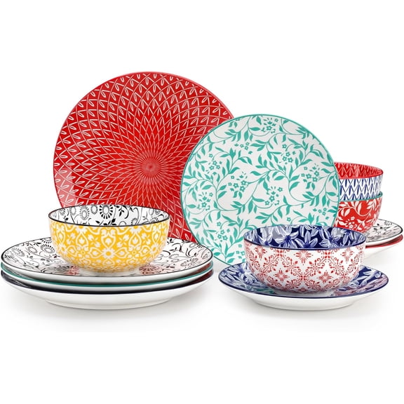 Porcelain Plates and Bowls Set for 4, 12-Piece Dinnerware, Microwave and Dishwasher Safe, Muted Color