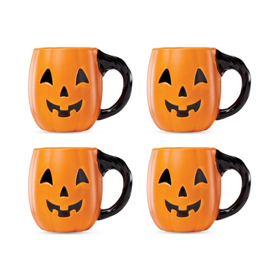 Porcelain Pumpkin Mugs, Set of 4, Halloween Themed