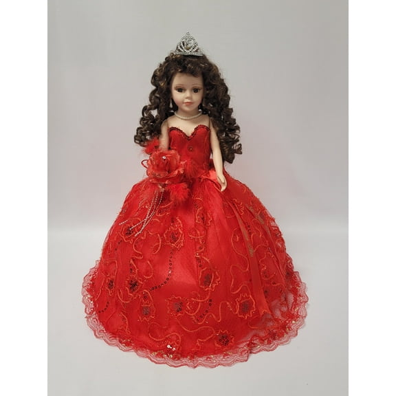 Porcelain Quinceaera Umbrella Doll in Red (Quince Aos) Centerpiece & Decoration